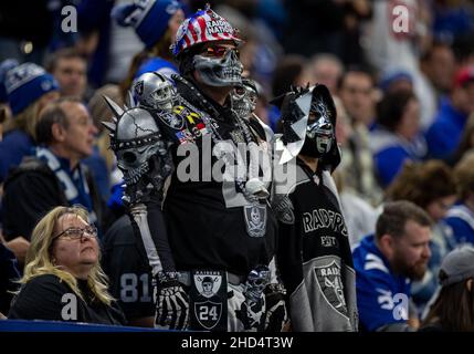 January 02, 2022: Las Vegas Raiders fans during NFL football game action between the Las Vegas Raiders and the Indianapolis Colts at Lucas Oil Stadium in Indianapolis, Indiana. John Mersits/CSM. Stock Photo