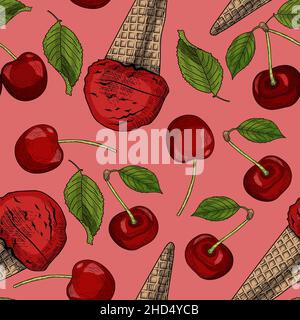 Cherry ice cream in engraved style. Seamless pattern, vector hand drawn illustration Stock Vector