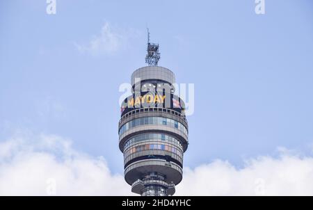 RNLI (Royal National Lifeboat Institution): Mayday message displayed on the BT Tower on 1st May 2021, London, UK.