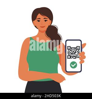 Woman showing qr code on smartphone. Vaccination passport, digital certificate. Vector illustration in flat style Stock Vector