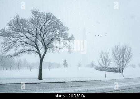 Washington, United States. 03rd Jan, 2022. The Washington Monument is seen as a winter storm hits the Mid-Atlantic region covering Washington, DC on Monday, January 3, 2022. Photo by Ken Cedeno/UPI Credit: UPI/Alamy Live News Stock Photo