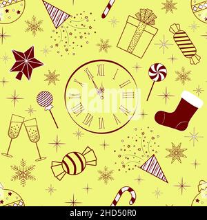 seamless pattern a group of New Year illustrations on a yellow background Stock Vector