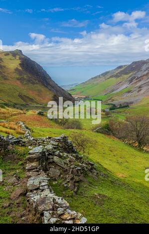 Mountain pass in Snowdonia Wales with Mynydd Mawr on the right. Stock Photo