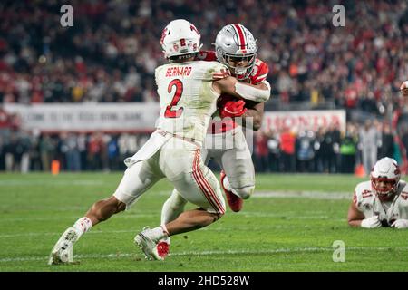 Utah Utes running back Micah Bernard (2) tackles Ohio State Buckeyes running back TreVeyon Henderson (32) during the 108th Rose Bowl game between the Stock Photo