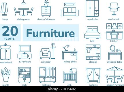 Furniture icons set. Simple and thin line design. Stock Vector
