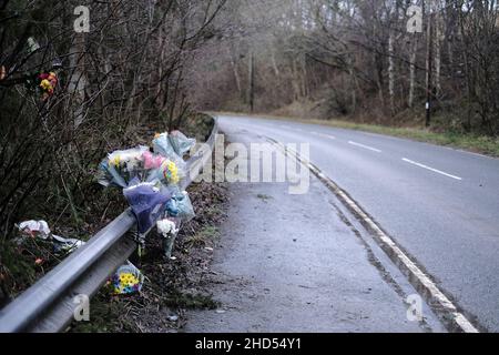 Galashiels, UK. 03rd Jan, 2022. Floral Tributes for Mason MacKenzie and messages left at the side of the A7, after a crash on 27 December 2021 Road Policing officers in the Scottish Borders are appealing for witnesses following a fatal road crash near Galashiels. The incident happened on the A7 approximately half a mile north of Galashiels, involving a red Seat Ibiza and a black Seat Ibiza around 9.10 pm on Monday, 27 December 2021. Credit: Rob Gray/Alamy Live News Stock Photo