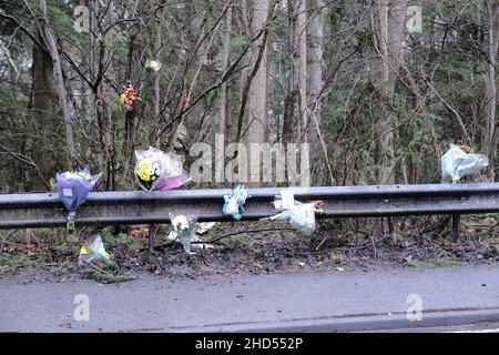 Galashiels, UK. 03rd Jan, 2022. Floral Tributes for Mason MacKenzie and messages left at the side of the A7, after a crash on 27 December 2021 Road Policing officers in the Scottish Borders are appealing for witnesses following a fatal road crash near Galashiels. The incident happened on the A7 approximately half a mile north of Galashiels, involving a red Seat Ibiza and a black Seat Ibiza around 9.10 pm on Monday, 27 December 2021. Credit: Rob Gray/Alamy Live News Stock Photo