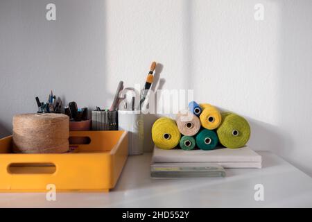 Workspace of designer, creative worker. Desktop with objects, tools, equipment in home office. Stock Photo