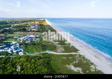 Vero Beach Florida Round Island Oceanside Park public sand Atlantic Ocean aerial overhead view from above looking north Stock Photo