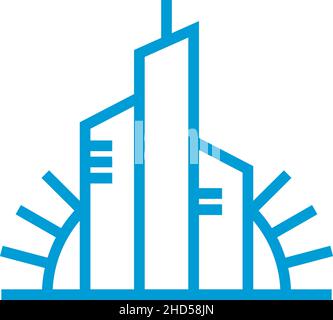 Stylized city sunrise logo. Sun rising behind skyscrapers Stock Vector