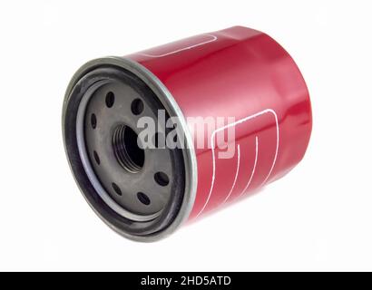 Car oil filter isolated on white background. Car spare parts Stock Photo