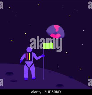 Astronaut on a planet or moon looking at Earth, illustration about future Stock Vector