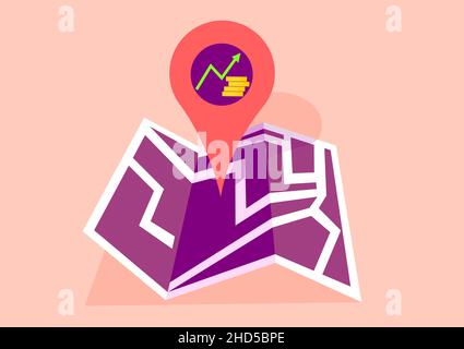Illustration about finding good and suitable investment in stock market and other financial markets, finding best route to invest money Stock Vector