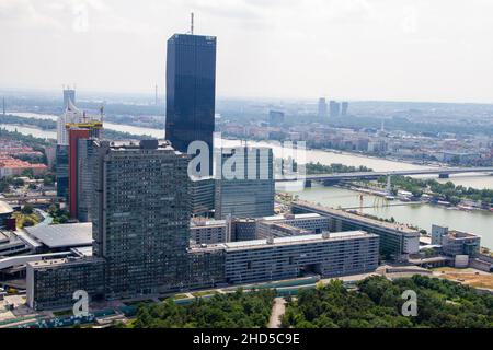 Vienna, Austria, July 25, 2021. Mischek Tower was Austria's tallest residential tower until 2002. PWC Tower is an office buildind Stock Photo