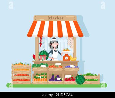 A farm shop with a salesperson. Fresh fruits and vegetables. Vector illustration in a flat style. Stock Vector