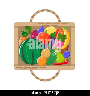 Basket with fruits and vegetables. View from above. Flat style vector illustration. Stock Vector