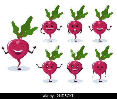 Beetroot set - character and emotions. Anthropomorphic hero. Vector illustration in cartoon style. Stock Vector