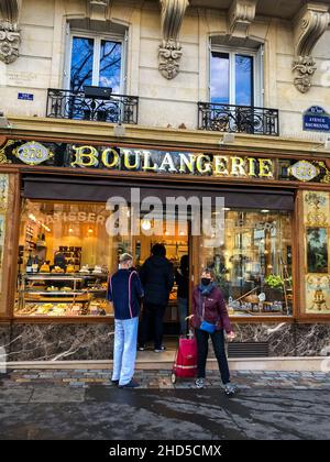 Paris, France, Shop Front, Small Group of People, Queuing, waiting on line outside Old French Bakery, Boulangerie Patisserie Store Sign,  retro bakery store, vintage signs shop Stock Photo