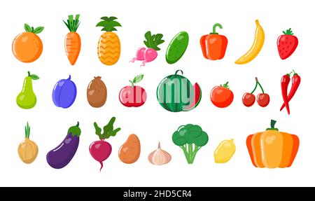 Bright set of fruits and vegetables. Vector illustration. Stock Vector