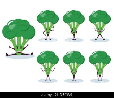 Broccoli set - character and emotion. Anthropomorphic hero. Vector illustration in cartoon style. Stock Vector