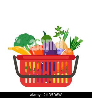 Fresh fruits and vegetables in a red grocery basket. Vector illustration. Stock Vector