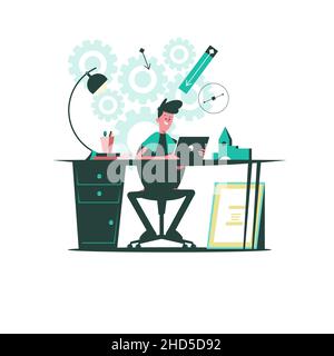 Team communication and project management concept. Cooperation, interaction of employees at work. Workflow and job organization in modern company. Fla Stock Vector