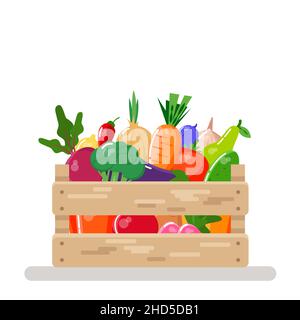 Fresh fruits and vegetables in a wooden box. Vector illustration. Stock Vector