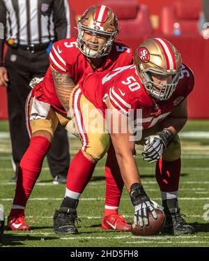 San Francisco 49ers Alex Mack (50) prepares to hike the ball during an NFL  football game against the Green Bay Packers, Sunday, Sept. 26, 2021, in  Santa Clara, Calif. (AP Photo/Scot Tucker