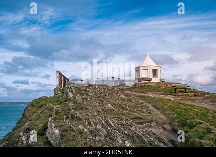 The small white octagonal old coastguard lookout building on the top of Towan Head in Newquay in Cornwall. Stock Photo