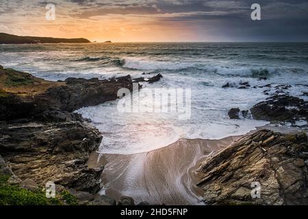 Evening light over Fistral Bay in Newquay in Cornwall. Stock Photo