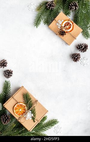 Christmas presents - hand made gift boxes, top view Stock Photo