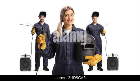 Two male and one female welders with welding machines isolated on white background Stock Photo