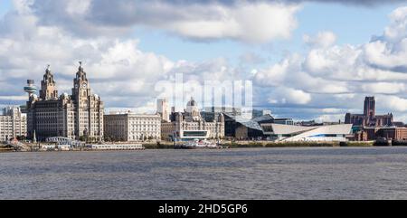 Panorama of the Liverpool waterfront from the Seacombe promenade on the Wirral. Stock Photo