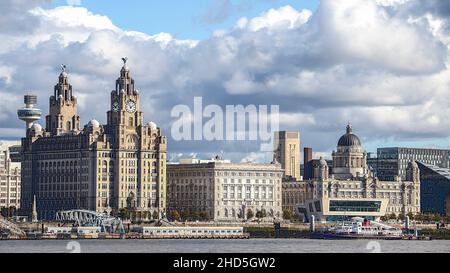 Liverpool skyline seen from the Seacombe promenade on the Wirral. Stock Photo