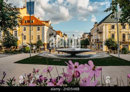 Frantiskovy Lazne,Czech Republic - August 20, 2021.Lovely spa town in West Bohemia,UNESCO heritage,thermal buildings with typical yellow facade Stock Photo