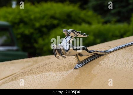 Figurine of deer on the hood of GAZ M21 Volga at Classic Soviet Car Exhibition Stock Photo