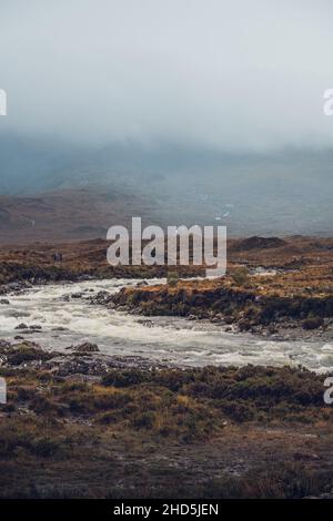 Sligachan Old Bridge and river, aerial drone image early morning on foggy day Stock Photo