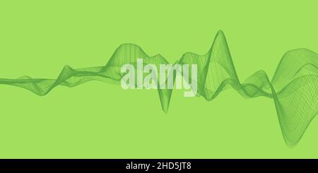 Abstract wireframe waveform on bright green background, visualization of sound waves or acoustic concept Stock Photo