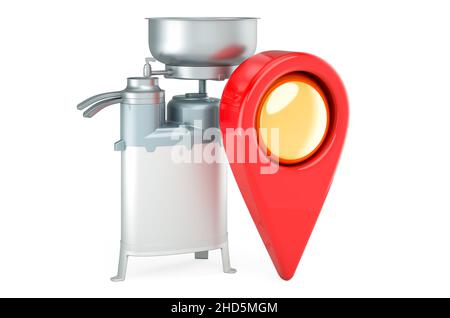 Milk separator with map pointer. 3D rendering isolated on white background Stock Photo