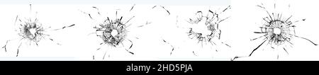 4 holes in the window. The effect of broken glass. Texture collection for design Stock Photo