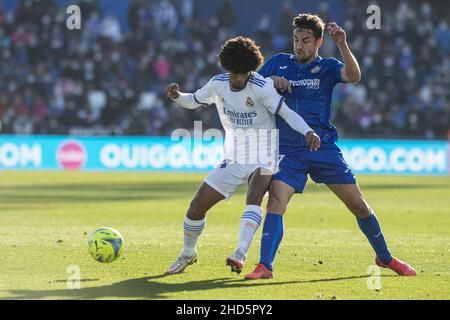 Madrid, Spain, January 2nd 2022:  Peter Gónzalez (44)Jaime Mata (7) during the football match between Getafe CF and Real Madrid CF of the Santander League at the Alfonso Perez Coliseum  Alvaro Medranda/SPP Stock Photo