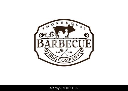 Vintage Retro Rustic BBQ Grill, Barbecue, Barbeque Label Stamp Logo design Stock Vector
