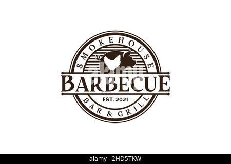 Vintage Retro Rustic BBQ Grill, Barbecue, Barbeque Label Stamp Logo design Stock Vector