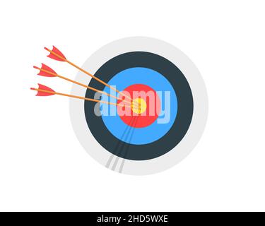 Archery target ring with three hitting bullseye and many missed arrows ...
