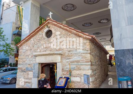ATHENS, GREECE, 12 DECEMBER 2021: Agia Dynami Orthodox Church, tiny church in the underground of a shopping mall Stock Photo