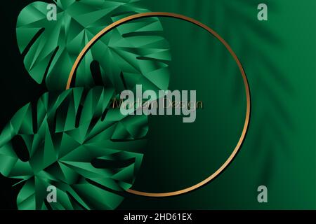 Exotic dark green banner, cover design. Floral background polygonal tropical leaf of Monstera plant low poly. Premium gold circle frames, template Stock Vector