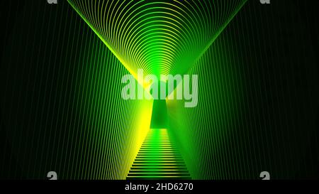 Abstract neon green keyhole icon and the tunnel of same figure silhouettes on black background. Concept of access and new possibilities. Stock Photo