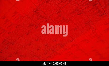 Big table with a lot of numerical data in diagonal motion. Business information, analysis of data and different indicators on bright red background, s Stock Photo