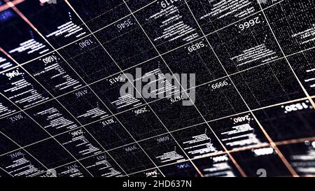 Digital background with code information and numbers flowing diagonally turned upside down. Digits and data moving on black screen, concept of technol Stock Photo