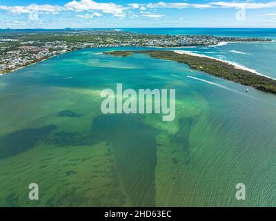 The Pumicestone Passage, facing Caloundra. Aerial shot on sunny summer's day. Sunshine Coast, Queensland, Australia. Stock Photo